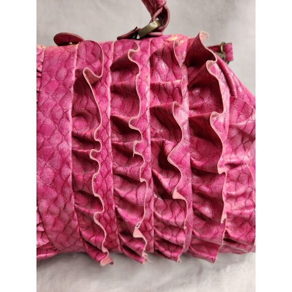 Jessica Simpson Hot Pink Vegan Leather Croc Embossed Ruffled Doctor Bag Purse - Picture 2 of 12